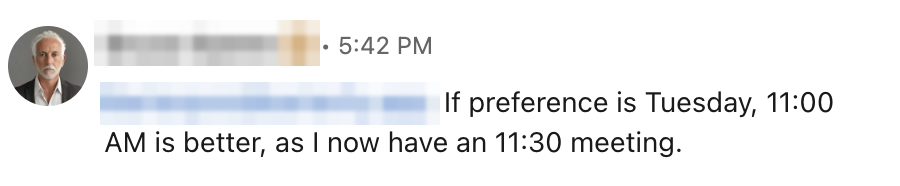 LinkedIn DM reply proposing Tuesday 11am for a meeting, name and email blurred